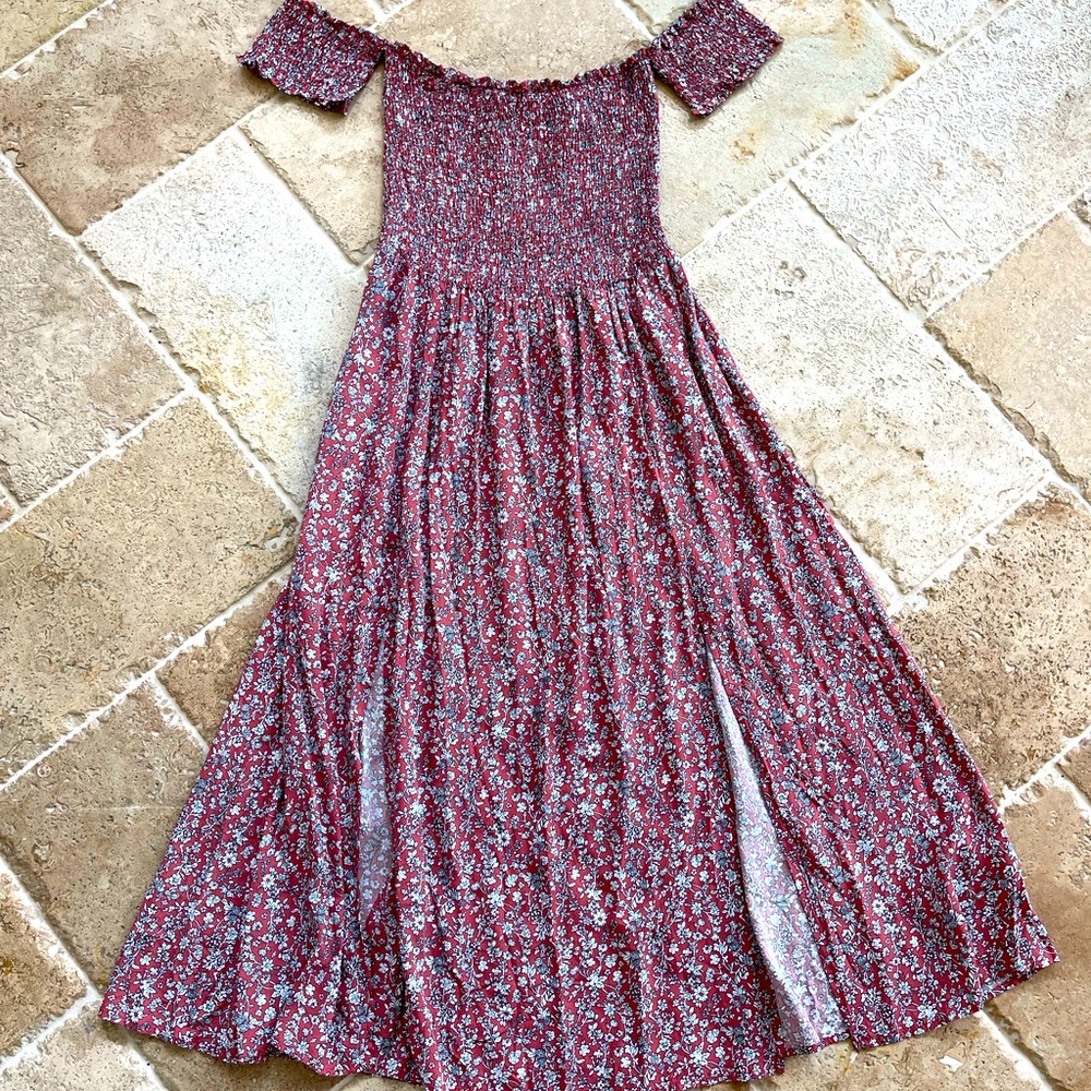 Picnic Perfect Playful dress. Red & Floral Print off shoulder. Never Worn